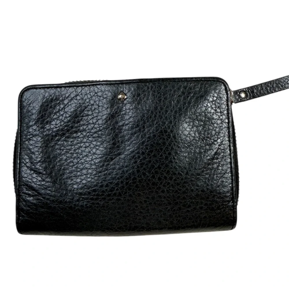 Kate Spade NY Black Leather Zip Wallet Wristlet with Striped Lining PWRU3997‎